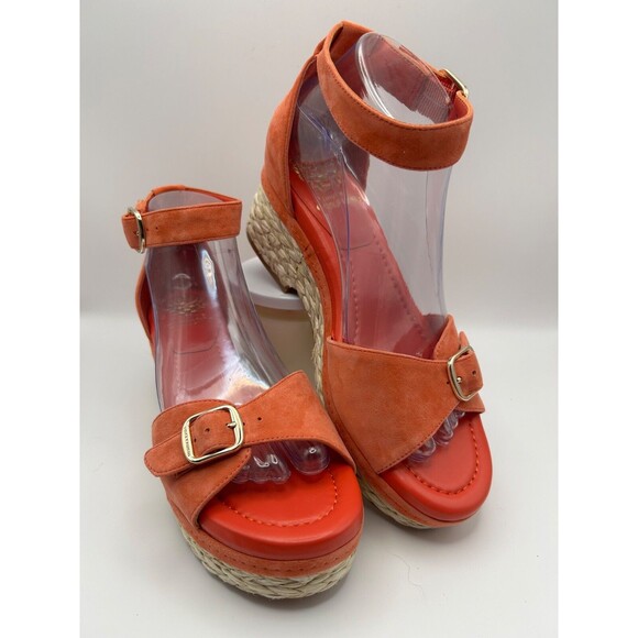 Vince Camuto Meterry Sandals Women's 8M Orange Peach Pop Raffia Wedge NEW - Picture 1 of 6
